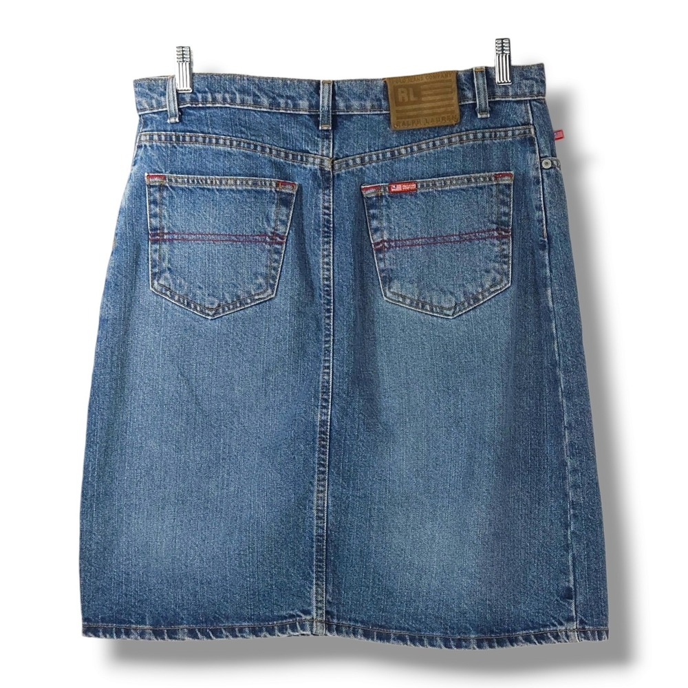 Polo Jeans Ralph Lauren Denim Knee Skirt Front Split Flag Tab Medium Wash 10 - Picture 2 of 8